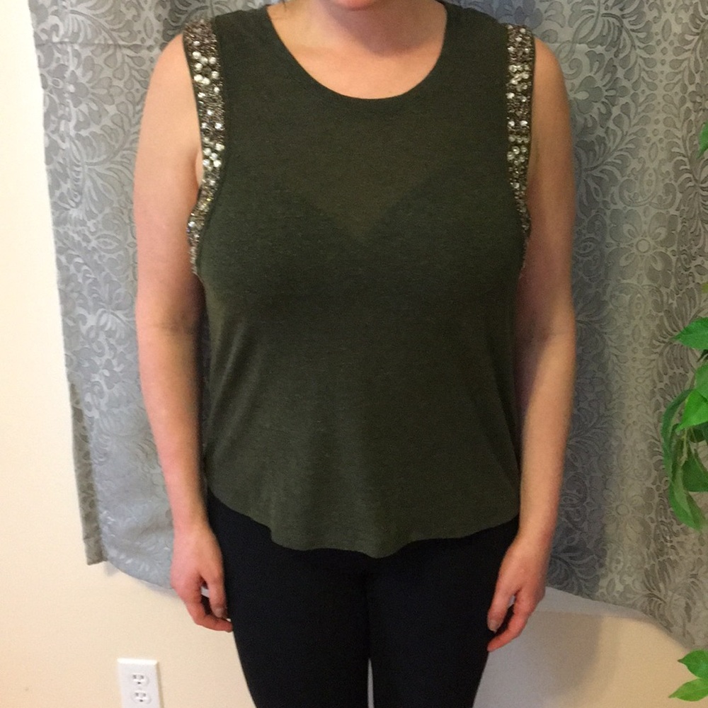 Topshop Forrest Green Jeweled Sleeveless Shirt